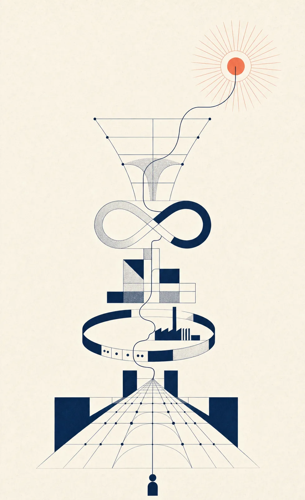 Abstract Swiss-modernist diagram of a human figure ascending through interconnected geometric tiers toward a radiant coral node representing autonomous engineering.