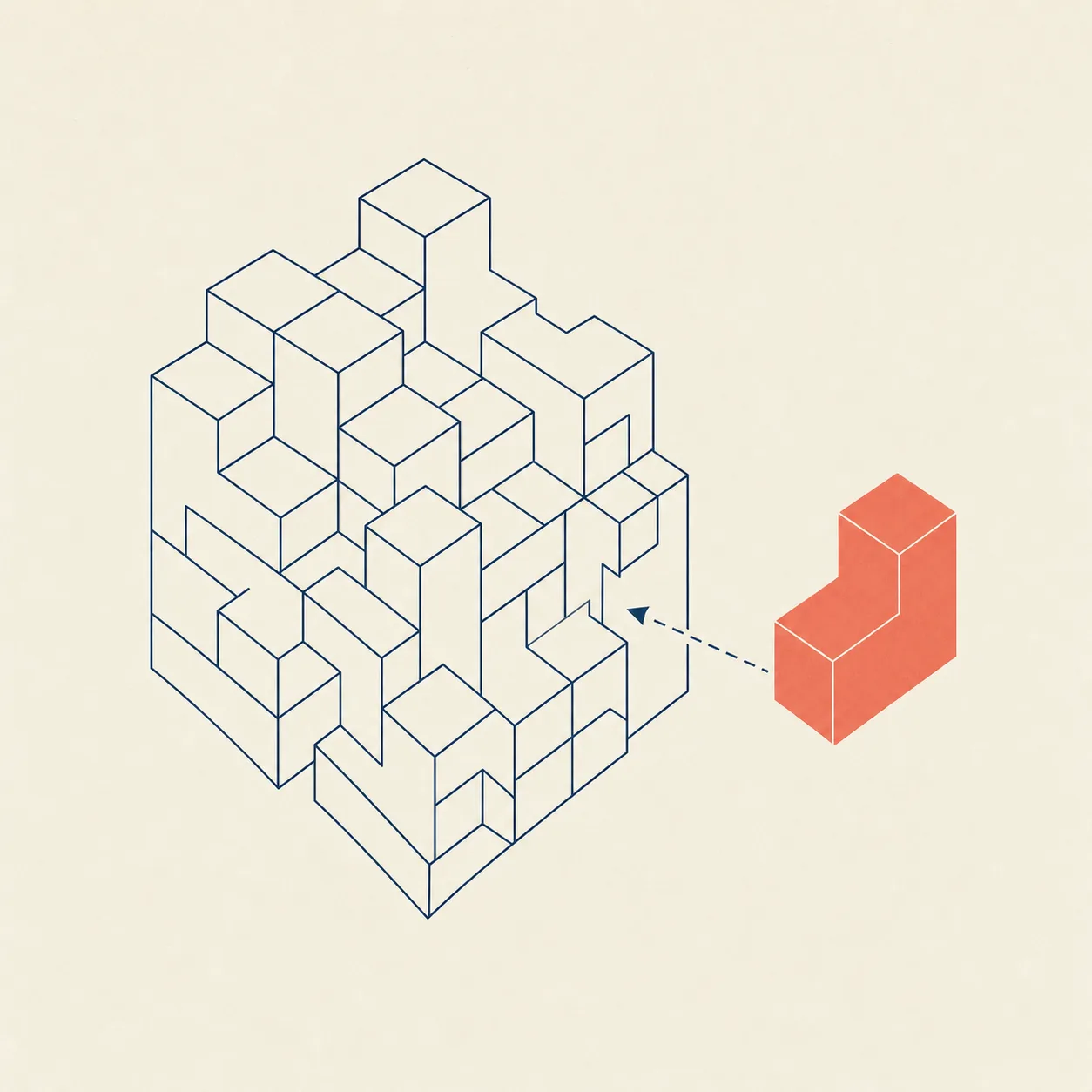An isometric grid of interlocking navy puzzle blocks with one coral block separated to the side, slotting in via a dashed arrow.