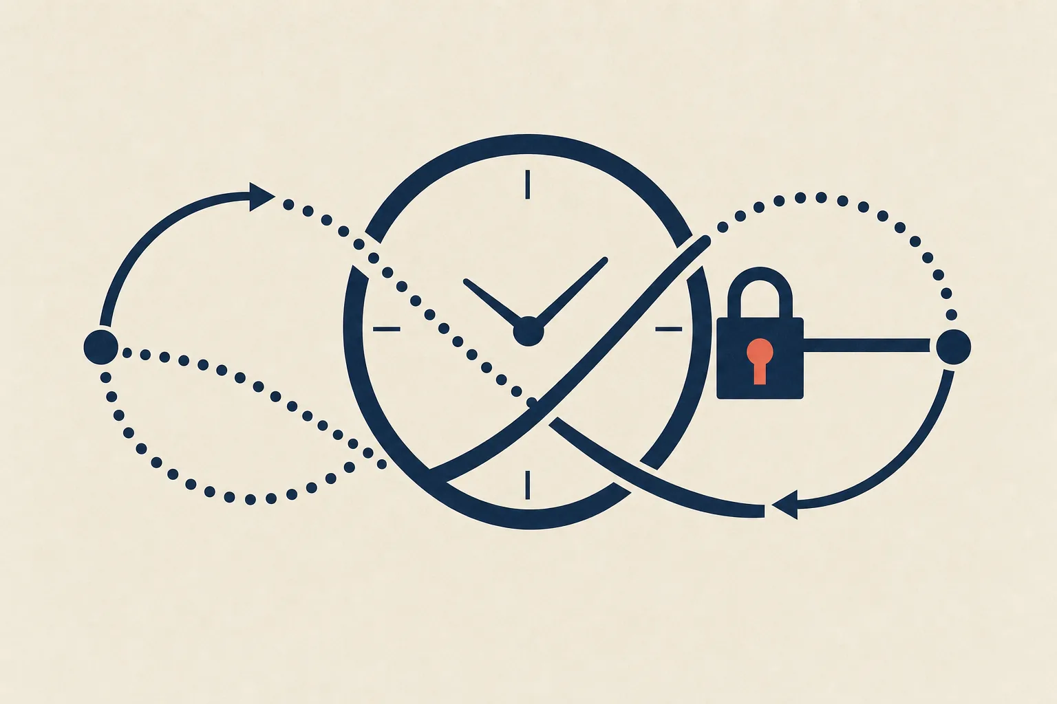 A navy clock face interwoven with an infinity loop of circulating agent dots, with a coral-accented padlock guarding one channel.